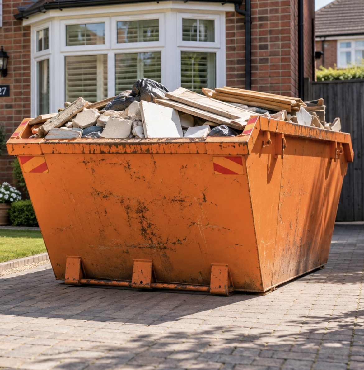 Open skip filled with building waste outside a home in Ealing
