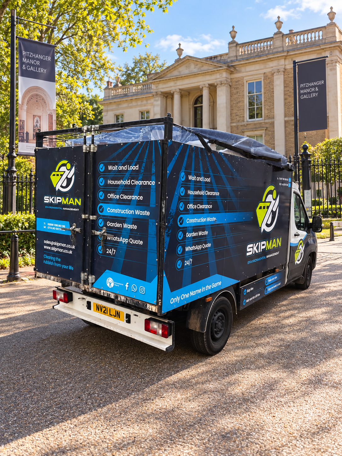 SKIPMAN branded cage van outside Pitzhanger Manor in Ealing