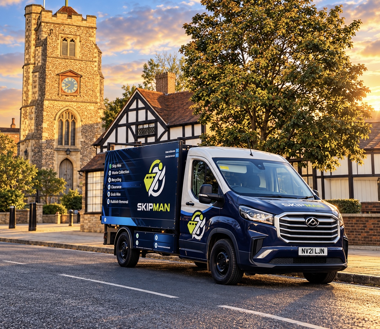 SKIPMAN branded cage van serving Pinner near the local town centre