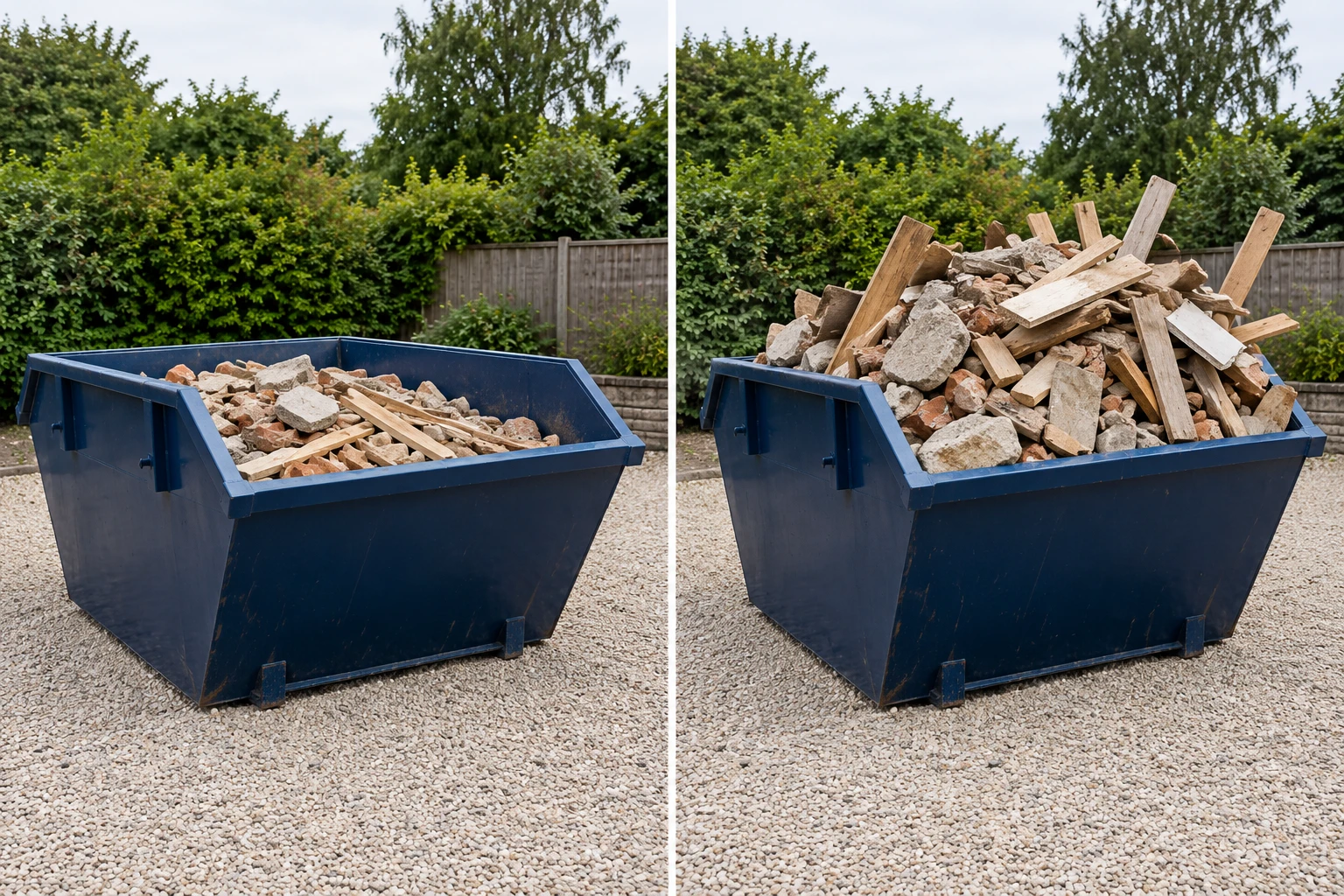 Illustration: level-loaded navy skip on the left and overloaded skip on the right