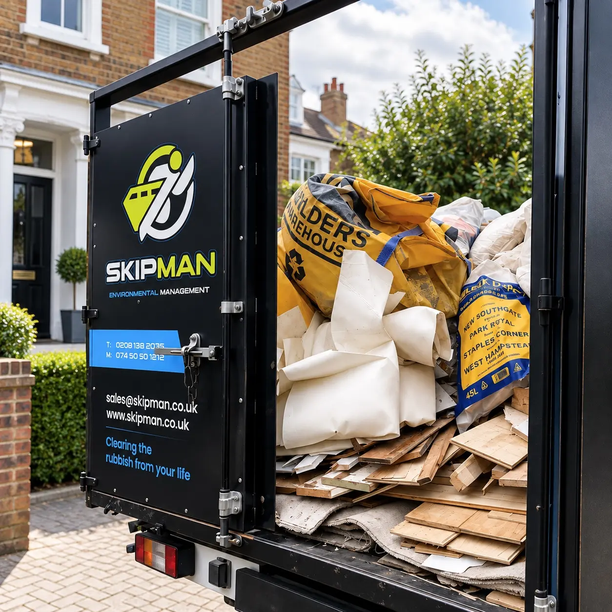 Loaded SKIPMAN cage van during a residential rubbish collection in London