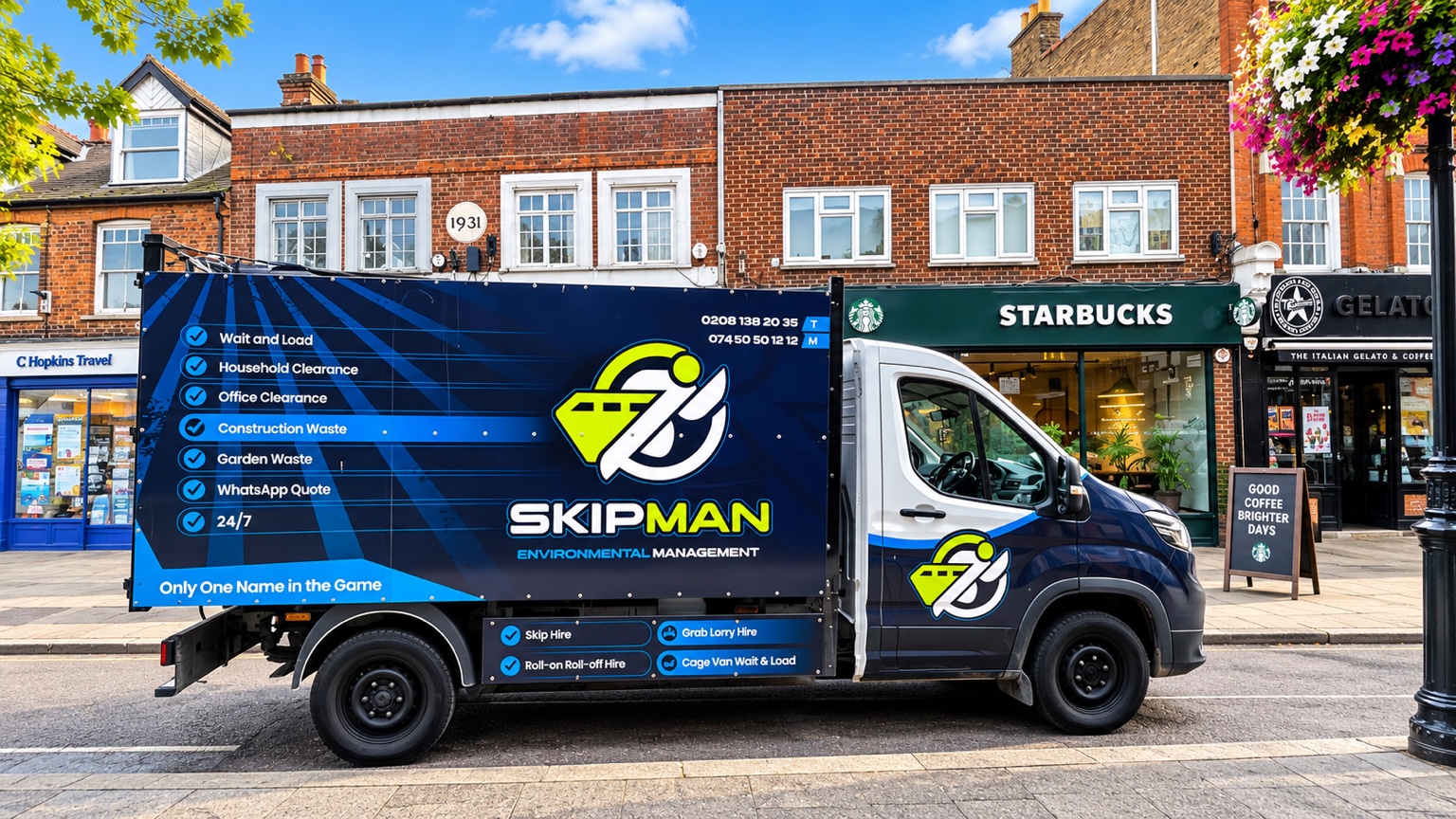 SKIPMAN branded cage van serving London and nearby areas