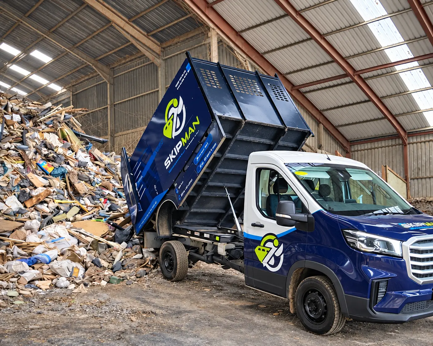 SKIPMAN cage van unloading waste at a licensed transfer station